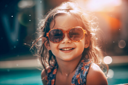Portrait of Adorable cute little girl in sunglasses at pool. Summer Vacation Fun. Generative AI. 