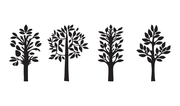 Linocut tree design elements in vector scandi style set. Black and white forest symbol group. 
