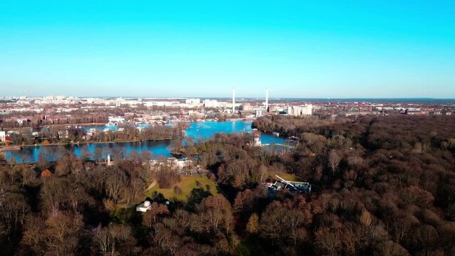 Aerial view of treptower park and planterwald forest during Spring in Berlin Germany