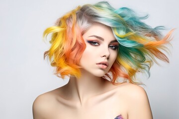 Fototapeta premium Beautiful woman with multi-colored rainbow hair and creative make up and hairstyle. Beauty face. Generative Ai.
