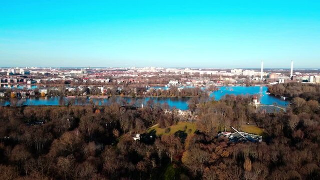 Aerial view of treptower park and planterwald forest during Spring in Berlin Germany