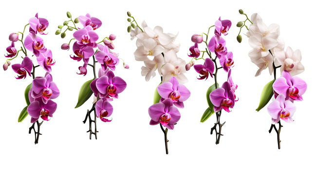 Zestaw izolowanych orchidei na przezroczystym tle, AI generated.