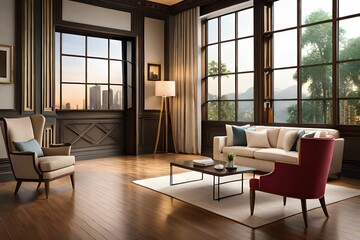 luxury interior room with sofa and armchair, table, windows and light lamp, wood floor, natural view with trees, a template for designer using Generative Ai technologie