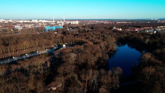 Aerial view of treptower park and planterwald forest during Spring in Berlin Germany