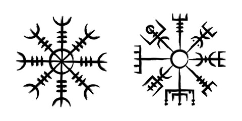 Two norse runic symbols called Aegishjalmur which aslo mean Helm of Awe and Vegvisir, also know as Wayfinder.