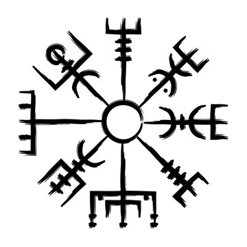Hand drawn full editable norse symbol of vegvisir also known as viking compass.