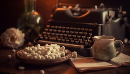 Obraz na płótnie Canvas Old fashioned typewriter on rustic wooden desk, surrounded by literature and nostalgia generated by AI