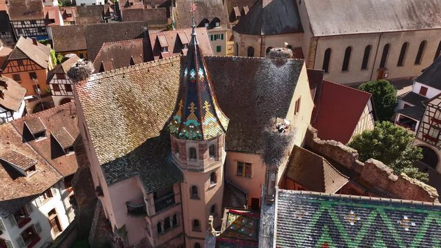 Aerial Drone Shot of Eguisheim village in the Alsace province, France. Picturesque village in a Sunny Summer Day