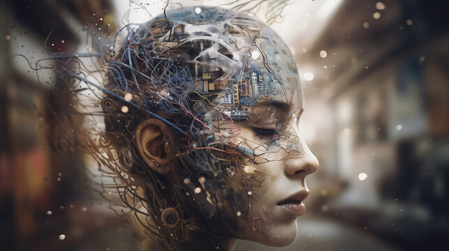 Futuristic Fusion: Half Young Woman, Half Robot Profile, Generative AI