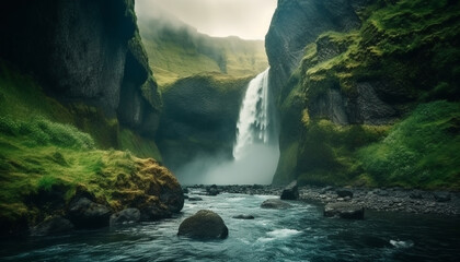 Tranquil scene Majestic mountain range, flowing water, natural beauty generated by AI