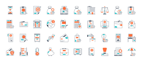 Accounting icon set. Containing financial statement, accountant, financial audit, invoice, tax calculator, business firm, tax return, income and balance sheet icons. Solid icon collection.  - obrazy, fototapety, plakaty