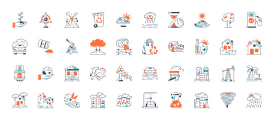 Fototapeta premium Climate change icon set. Containing global warming, greenhouse, melting ice, earth pollution and disaster icons. Solid icon set. 