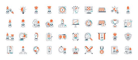 Simple Set of Chess Related Vector Line Icons. Contains such Icons as Queen, Strategy, Checkmate and more.	
