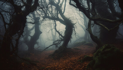 A spooky silhouette walks on a foggy footpath at dusk generated by AI