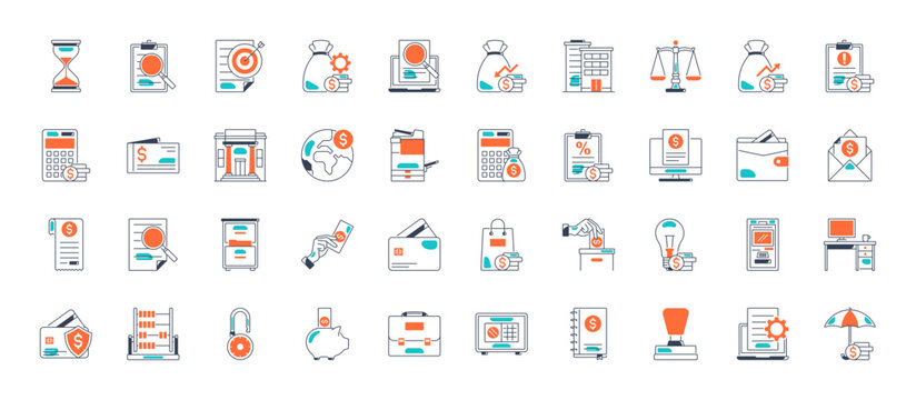 Accounting icon set. Containing financial statement, accountant, financial audit, invoice, tax calculator, business firm, tax return, income and balance sheet icons. Solid icon collection. 