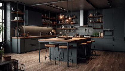 Modern kitchen design with elegant wood cabinets and stainless steel appliances generated by AI