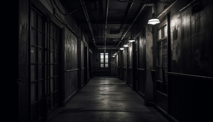 Fototapeta na wymiar The spooky old hospital abandoned entrance hall had a dimly lit corridor generated by AI