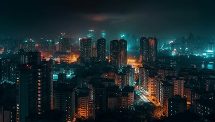 Fototapeta na wymiar The illuminated city skyline glows with modern architecture at dusk generated by AI