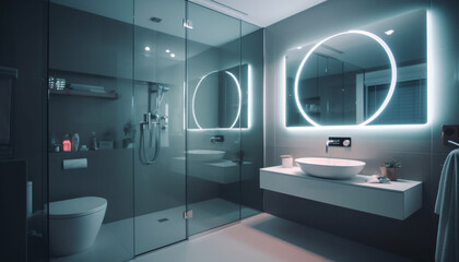 Modern elegance in domestic bathroom design with chrome sink faucet generated by AI