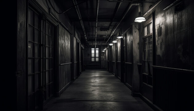 The spooky old hospital abandoned entrance hall had a dimly lit corridor generated by AI