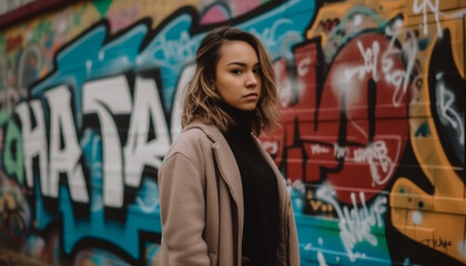 A young woman, confident and elegant, standing in front of graffiti generated by AI