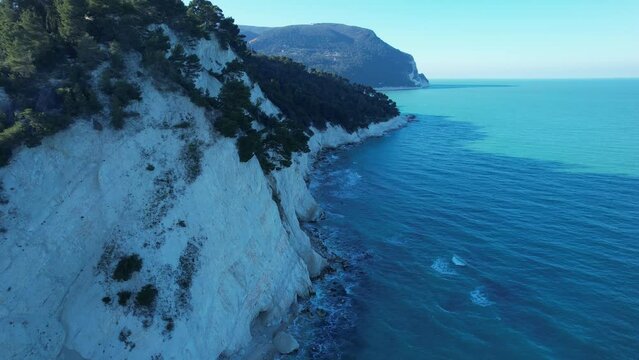 Aerial drone video reveal mount Conero near Numana in Italy.