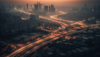 Naklejka na ściany i meble Rush hour traffic illuminates the modern city skyline at dusk generated by AI