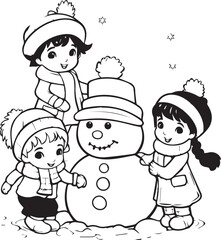 Coloring Book Page with kids playing in the snow , Coloring page outline of a cute kids playing in the snow , Vector