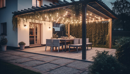 Fototapeta na wymiar Modern luxury home interior illuminated by Christmas lights and lanterns generated by AI