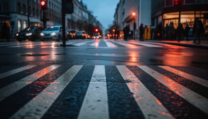 Rainy city night, traffic blurs, illuminated architecture, pedestrians cross generated by AI