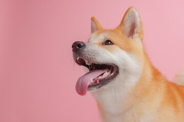 red dog japanese akita inu on a pink background close-up, the concept of love for dogs