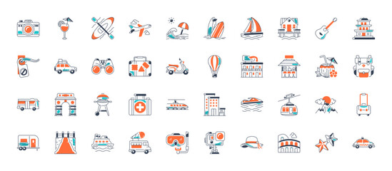 Travel icon set. Summer vacations and holiday symbol vector illustration. Collection of traveling and tourism elements.
