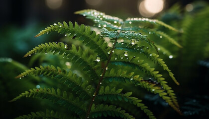 Vibrant fern frond in dewy rainforest, a tranquil scene generated by AI