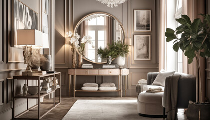 Modern elegance in a comfortable, luxurious domestic room design generated by AI