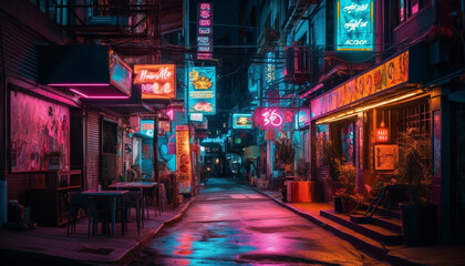 The neon lit Chinese lanterns illuminate the vibrant nightlife scene generated by AI