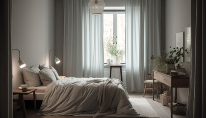 Cozy modern bedroom with elegant decor, illuminated by bright lamp generated by AI