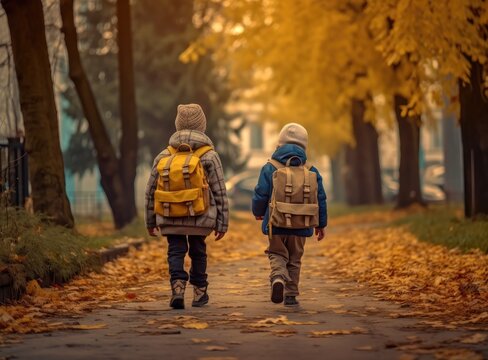 The beginning of school classes. Two students with a briefcase go to school created with Generative AI technology
