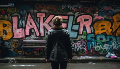 A young adult stands outdoors, spraying graffiti on a wall generated by AI