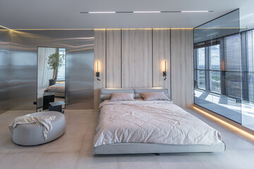 modern minimalistic soft design bedroom interior in Japanese style in beige color