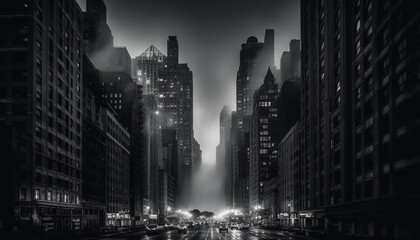 Nighttime cityscape modern architecture, blurred traffic, illuminated skyscrapers, futuristic travel generated by AI