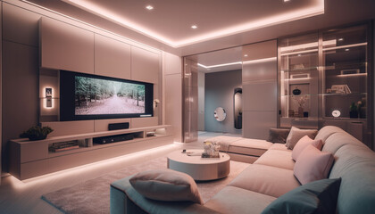 Modern luxury apartment with comfortable sofa, elegant decor, and lighting generated by AI