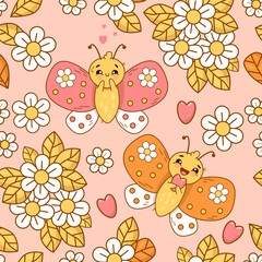 Cute seamless pattern with in love butterflies and daisy flowers on pink background with hearts. Groovy vector Illustration for wallpaper, design, textile, packaging, decor. Kids collection.
