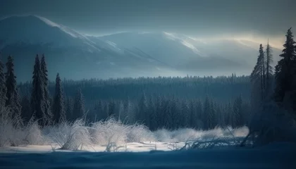 Wall murals Forest in fog Tranquil scene of a snowy mountain range at dusk generated by AI