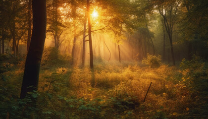 The tranquil forest glows with vibrant autumn colors at dawn generated by AI