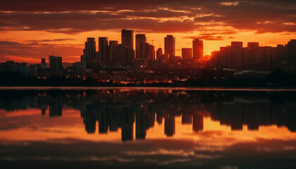 Fototapeta premium The vibrant city skyline glows in the multi colored sunset generated by AI