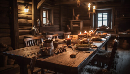 Fototapeta na wymiar Candlelit dinner on rustic wooden table, glowing with warmth generated by AI