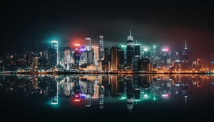 Fototapeta na wymiar The modern financial district illuminates the city skyline at dusk generated by AI