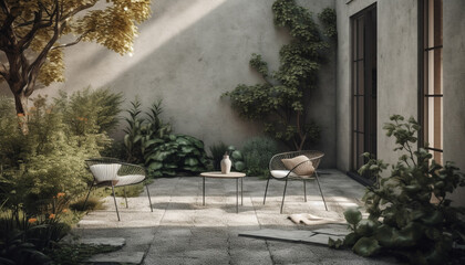 Fototapeta na wymiar Comfortable armchair on modern patio, surrounded by nature elegance generated by AI