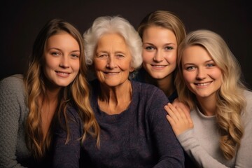 Obraz premium Three cute girls and their grandma, portrait with two female generations, generative AI.