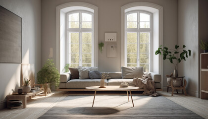 Fototapeta na wymiar Elegant living room with modern design, comfortable sofa, and hardwood flooring generated by AI